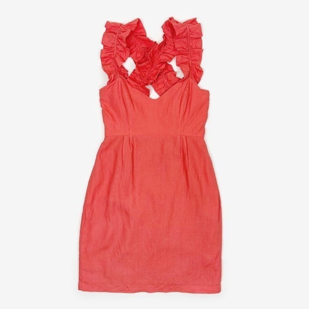 Leona by Lauren‎ Leonard Ruffle Strap Mini Dress Size 4 Coral Linen Bold Summer